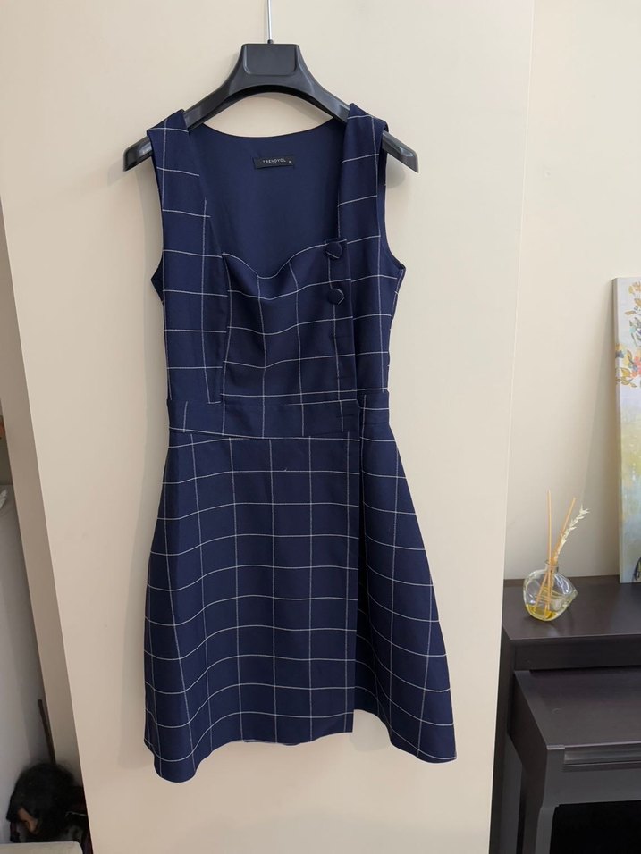 Lacivert Kareli Midi Elbise - Görsel 3