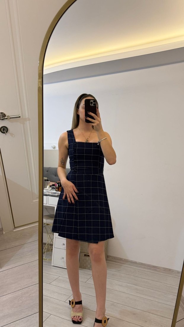 Lacivert Kareli Midi Elbise - Görsel 2