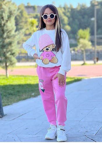 Kız Çocuk Pembe Örme Desenli Eşofman Takımı - Görsel 2