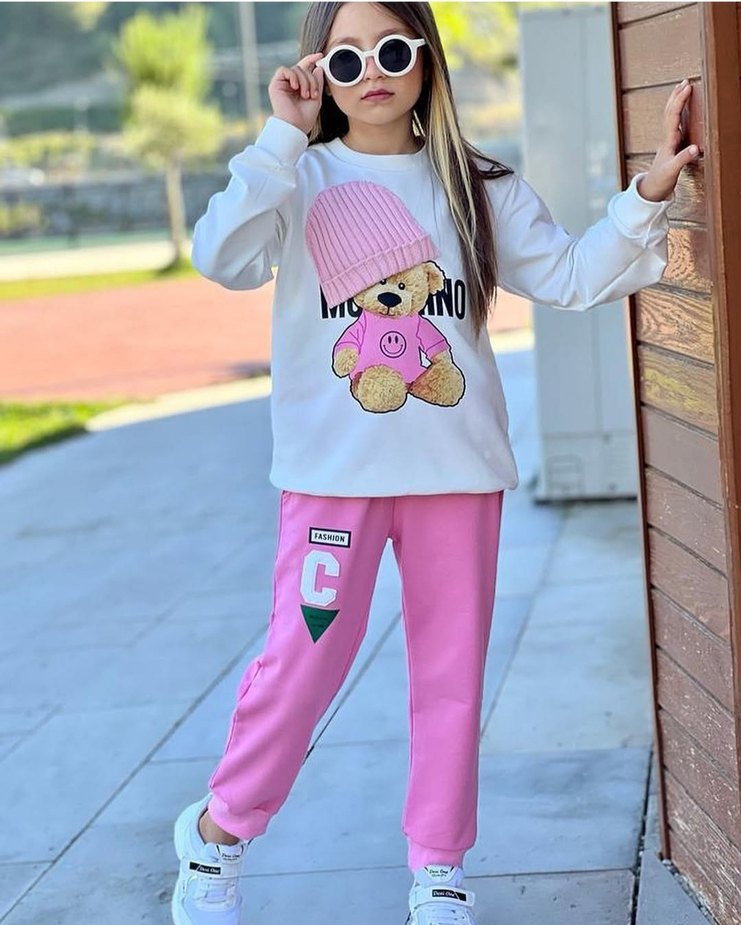 Kız Çocuk Pembe Örme Desenli Eşofman Takımı - Görsel 3