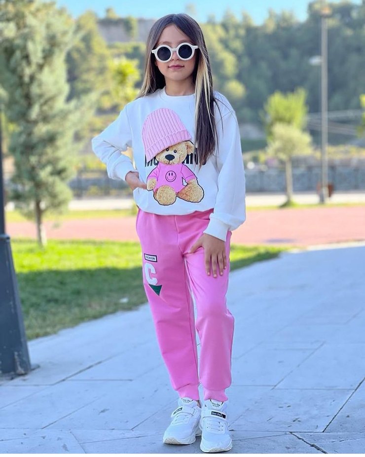 Kız Çocuk Pembe Örme Desenli Eşofman Takımı - Görsel 2