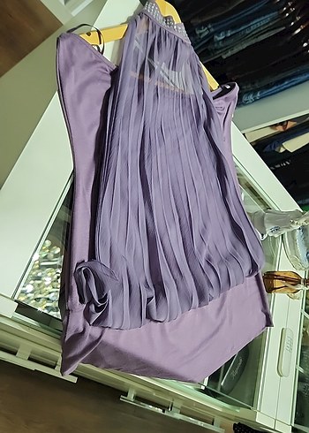 Mor Drapeli Yüksek Yakalı Uzun Abiye Bluz - Görsel 7