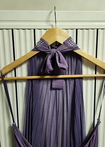 Mor Drapeli Yüksek Yakalı Uzun Abiye Bluz - Görsel 4