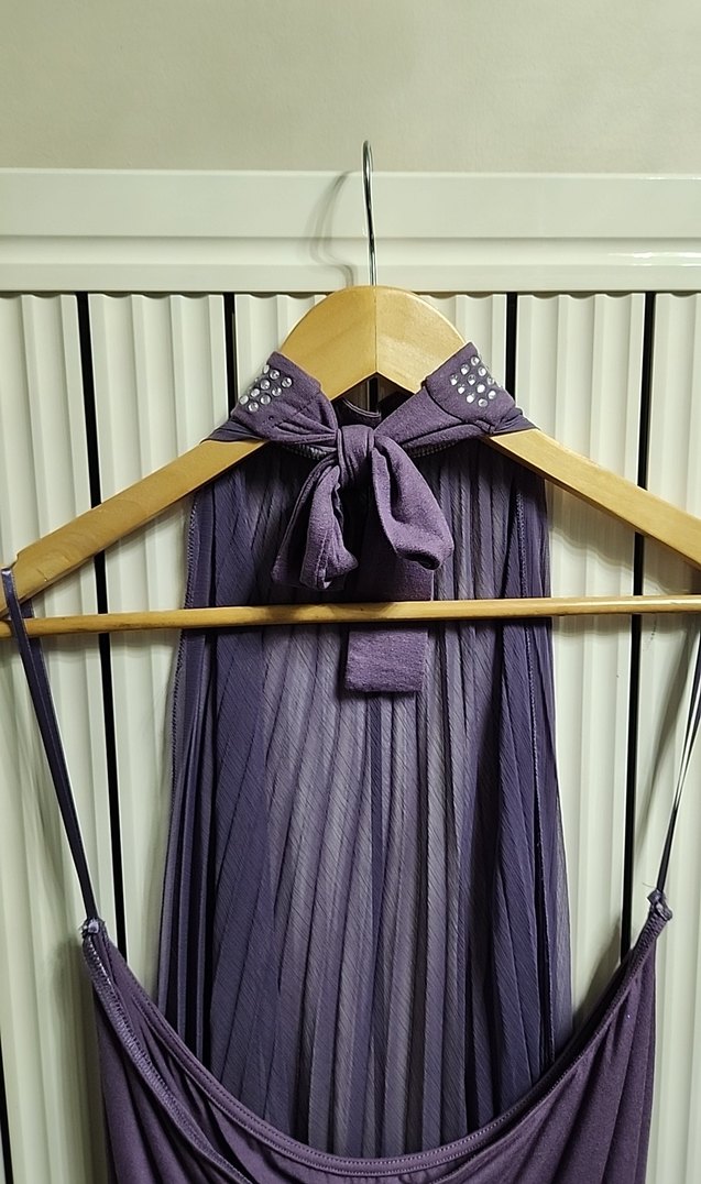 Mor Drapeli Yüksek Yakalı Uzun Abiye Bluz - Görsel 4