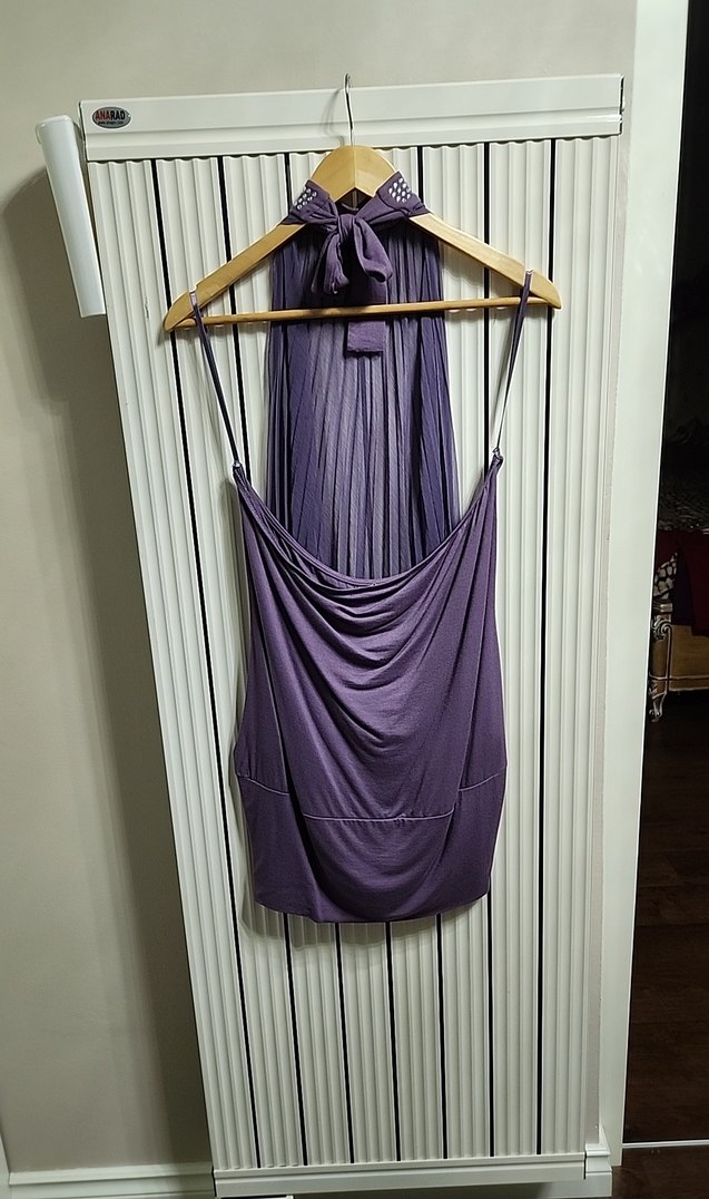 Mor Drapeli Yüksek Yakalı Uzun Abiye Bluz - Görsel 3