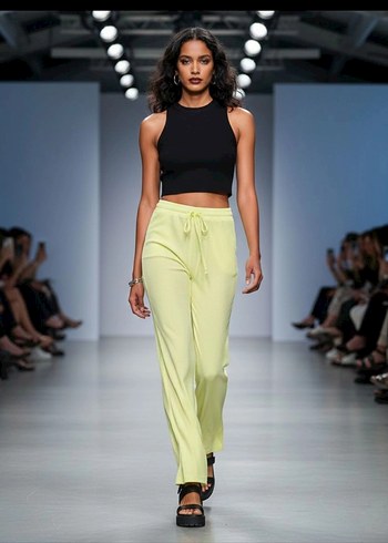 Kadın Sarı BeyazÇizgili Pamuk Rahat Bol Kesim Pantolon - Görsel 3