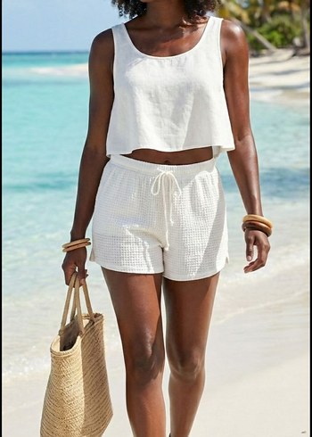 Beyaz Bürümcük Kumaş  Kadın Şort - Görsel 3