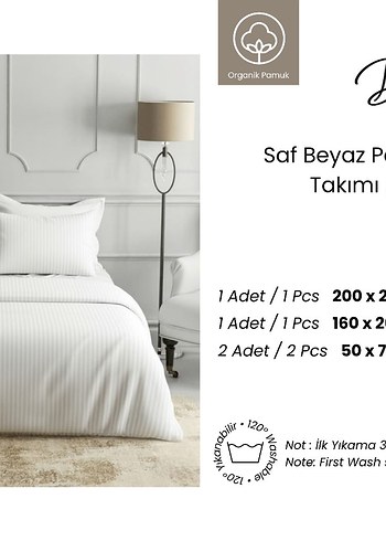 Saf Beyaz Pamuk Saten Nevresim, Çarşaf ve Yastık Kılıfı Seti - Görsel 2