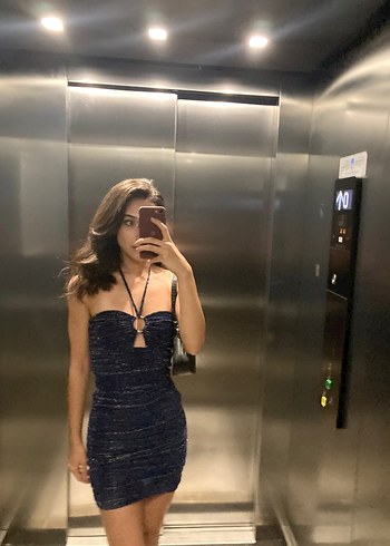 Lacivert Mini Drapeli Dar Elbise - Görsel 3