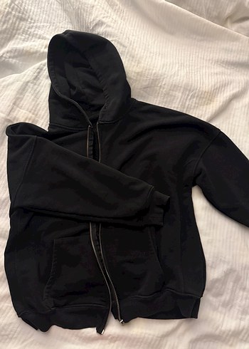 Siyah Fermuarlı Kapüşonlu Sweatshirt - Görsel 2