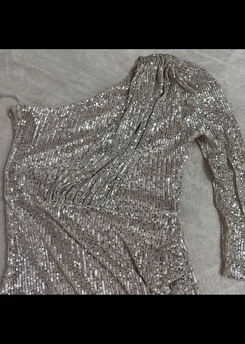 Bej Mini Elbise, Tek Omuz, Fırfırlı - Görsel 7