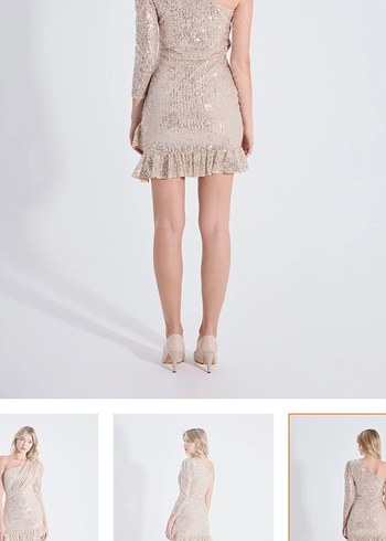 Bej Mini Elbise, Tek Omuz, Fırfırlı - Görsel 4