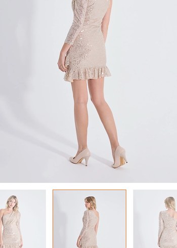 Bej Mini Elbise, Tek Omuz, Fırfırlı - Görsel 3