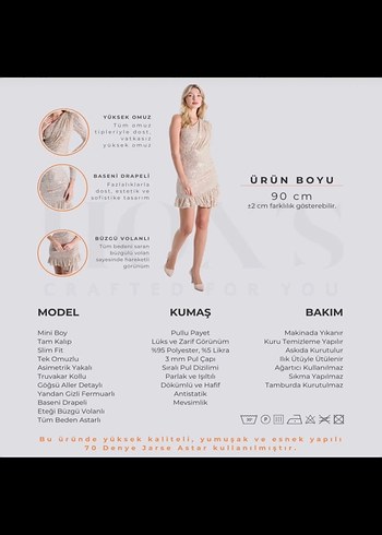 Bej Mini Elbise, Tek Omuz, Fırfırlı - Görsel 5