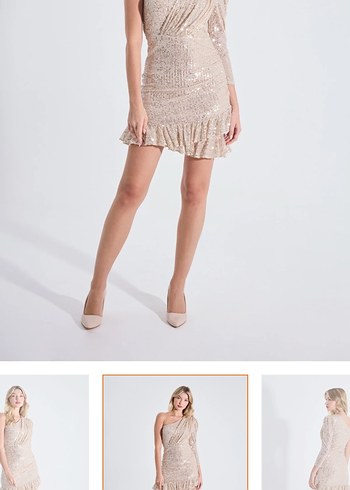 Bej Mini Elbise, Tek Omuz, Fırfırlı - Görsel 6