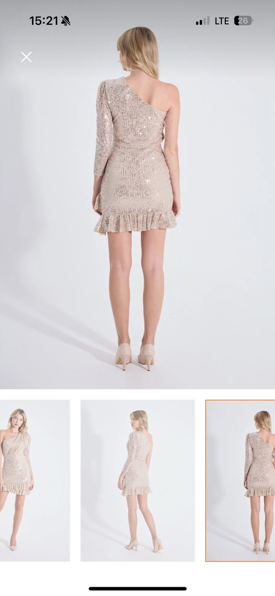 Bej Mini Elbise, Tek Omuz, Fırfırlı - Görsel 4