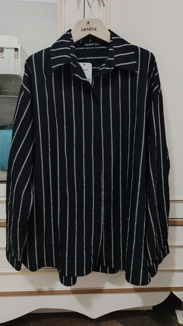 Siyah Çizgili Uzun Kollu Keten Gömlek - Görsel 2