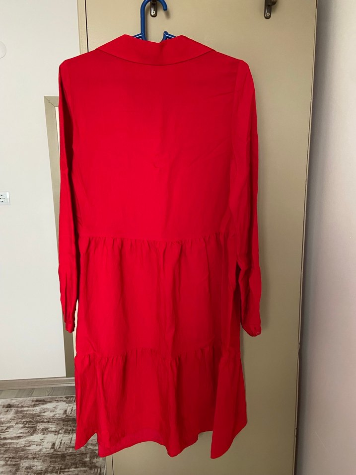 Kırmızı Midi Keten Elbise - Görsel 2