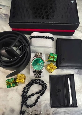 Yeşil Kadranlı Siyah Erkek Saat Seti - Görsel 2