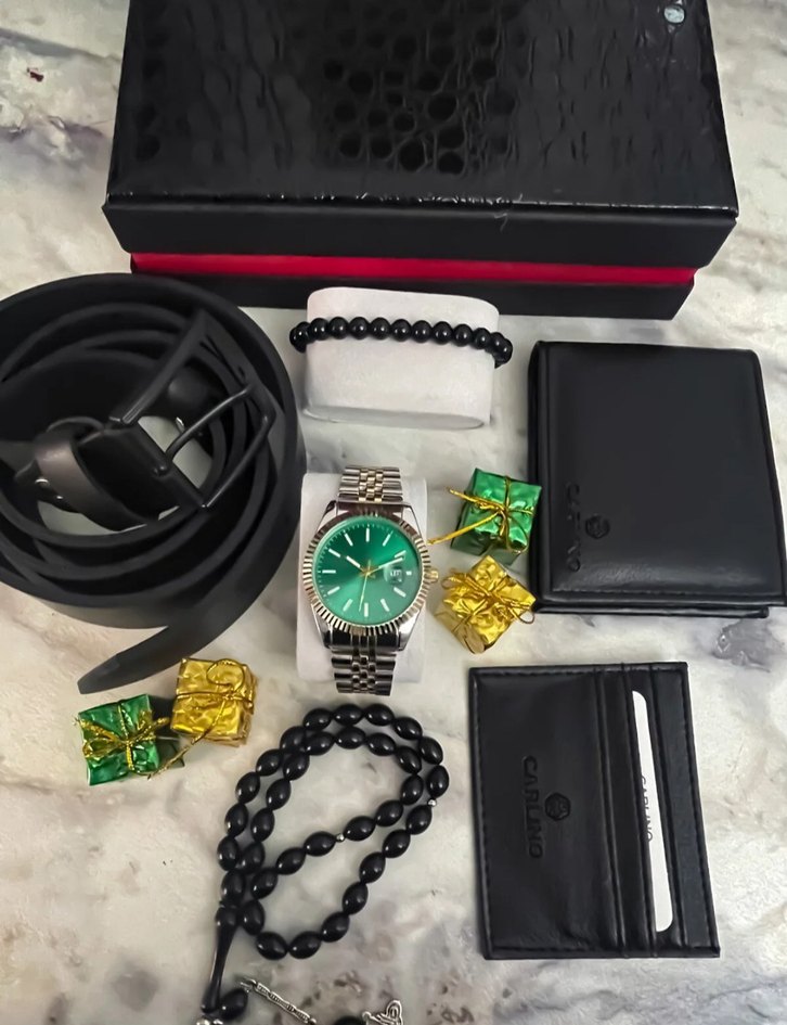 Yeşil Kadranlı Siyah Erkek Saat Seti - Görsel 2