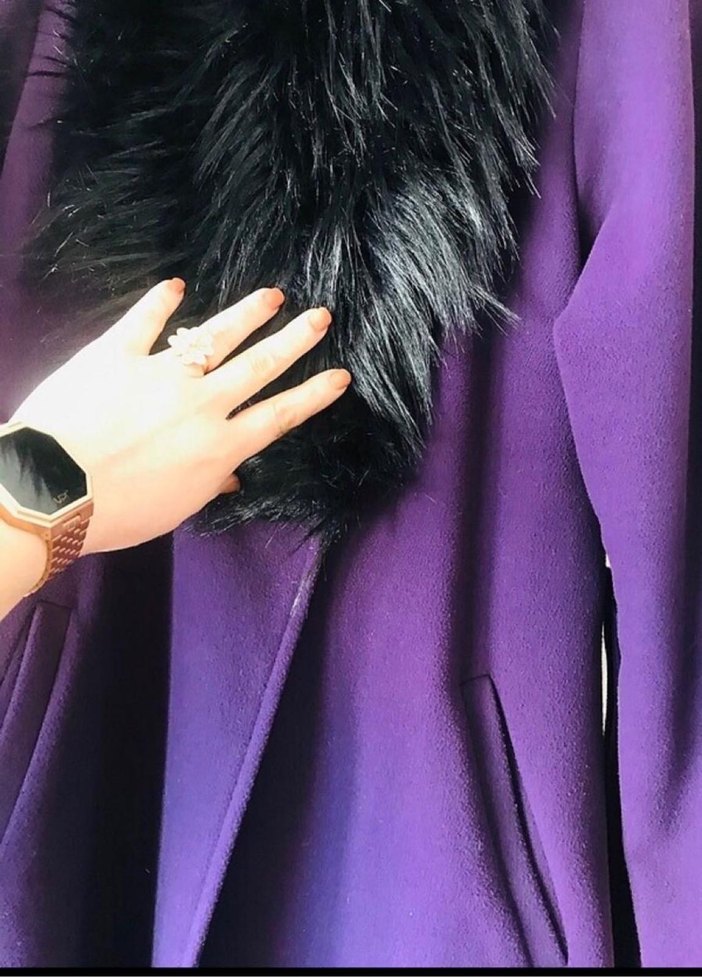 Kürklü Yaka Detaylı Mor Kaban - Görsel 5