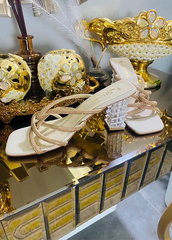 Beyaz Payetli Blok Topuklu Kadın Abiye Ayakkabı - Görsel 3