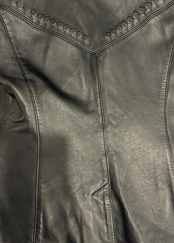 Kadın Siyah Deri Ceket, Düğmeli, Klasik - Görsel 3