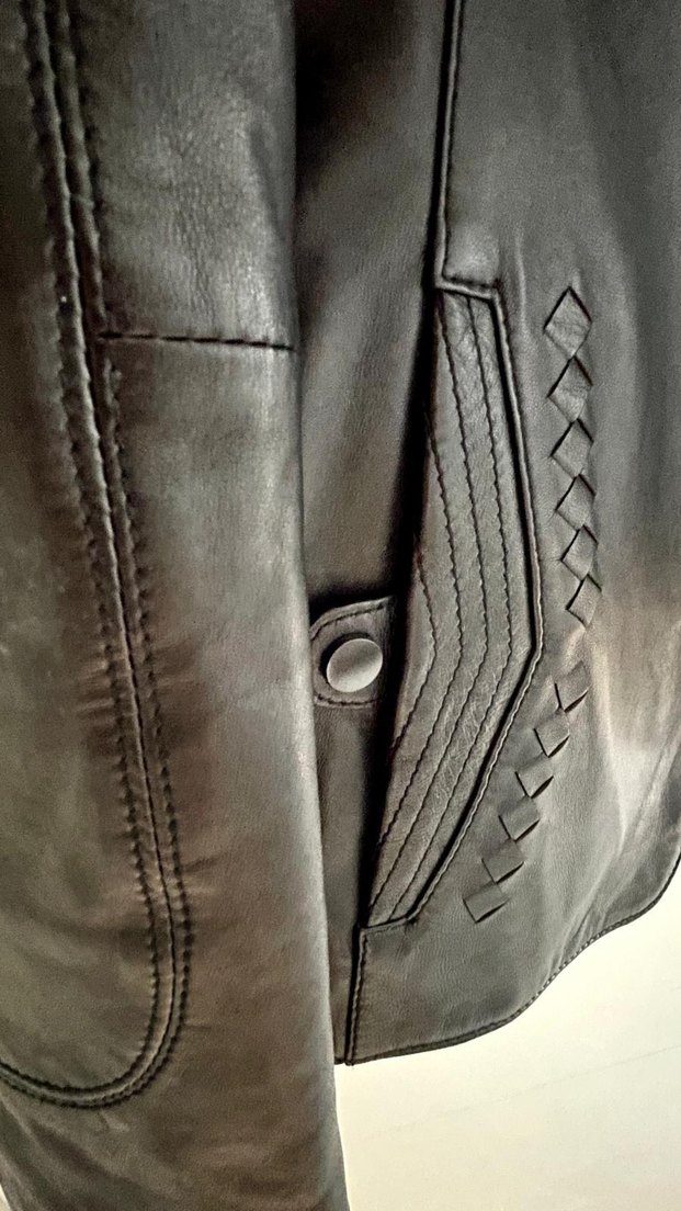 Kadın Siyah Deri Ceket, Düğmeli, Klasik - Görsel 4