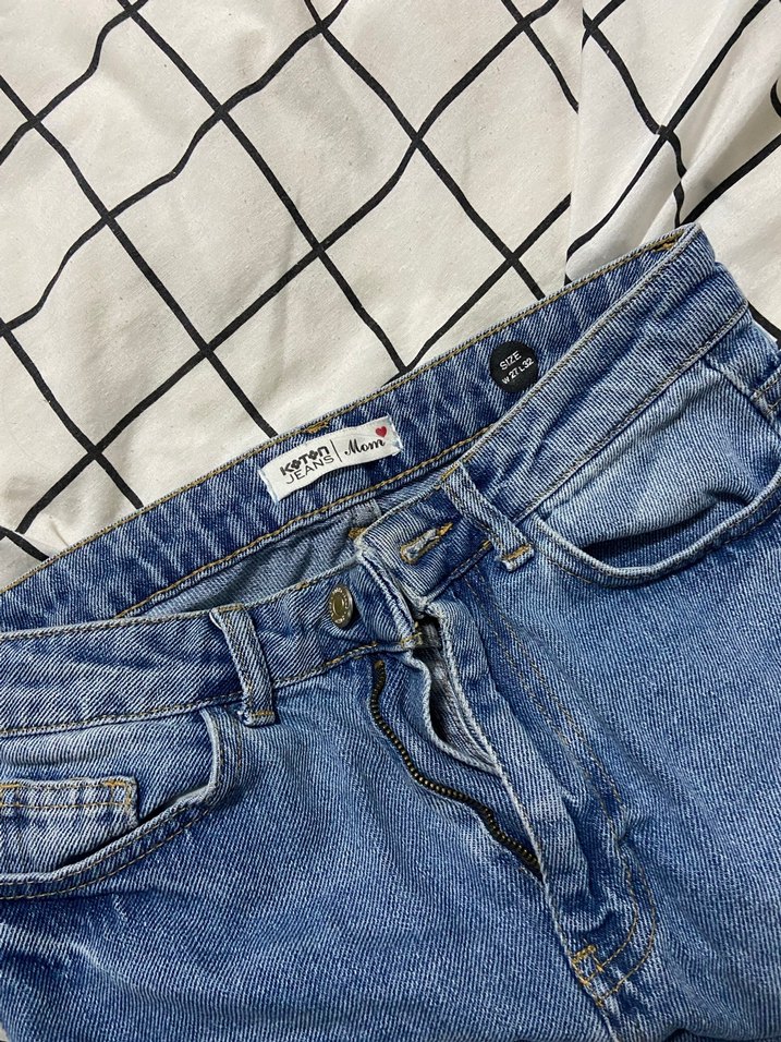 Gri Mavi Bağlama Desenli Rahat Kesim Kadın Jean - Görsel 3