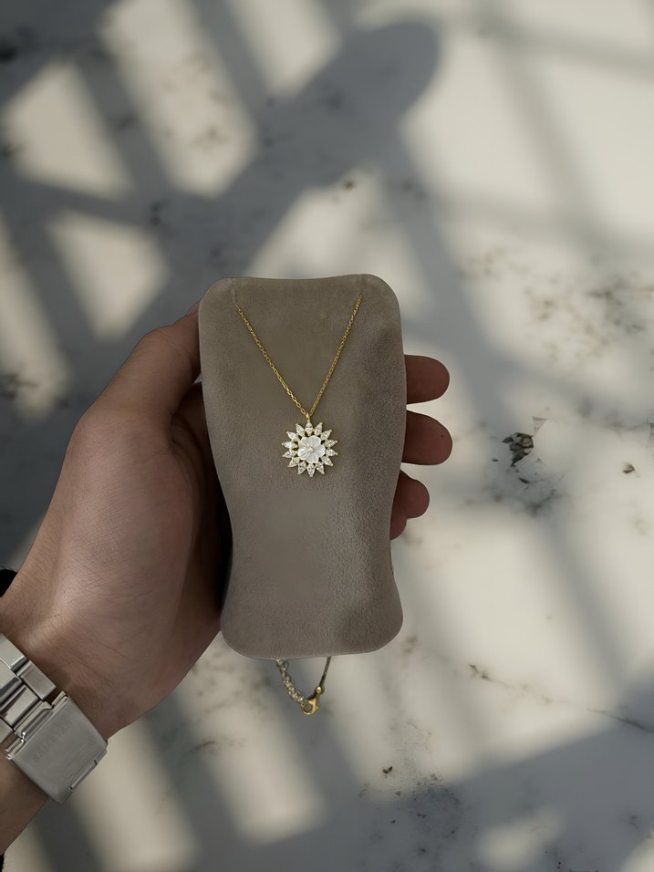 Gerçek Gümüş Gold Çiçek Kolye (925 Ayar) - Görsel 2