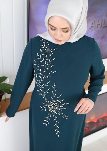 Boncuk İşlemeli Uzun Turkuaz Abiye Elbise - Görsel 3