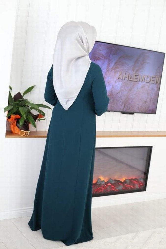 Boncuk İşlemeli Uzun Turkuaz Abiye Elbise - Görsel 2