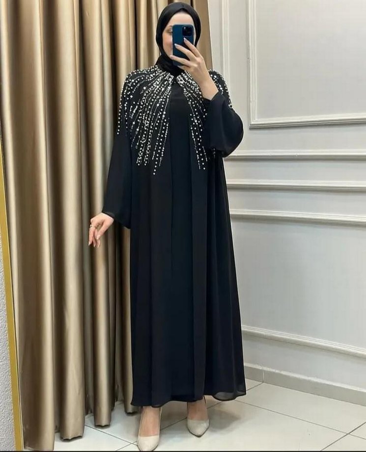 Boncuk İşlemeli Siyah Uzun Elbise - Görsel 2