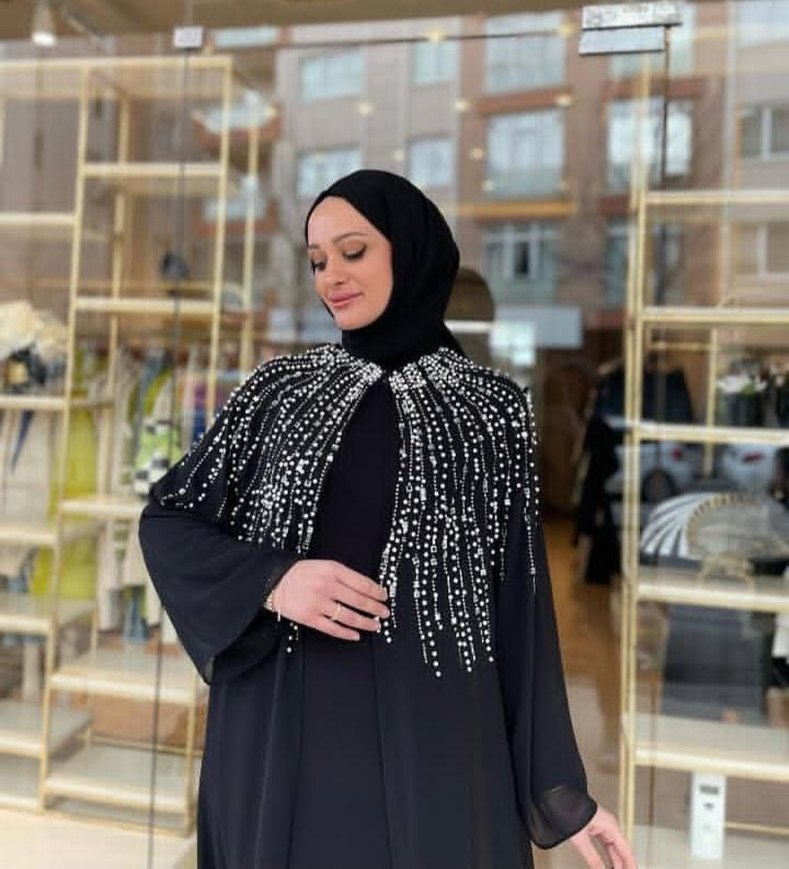 Boncuk İşlemeli Siyah Uzun Elbise - Görsel 3