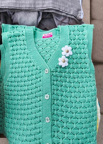 Renkli Nakışlı Mavi Kız Çocuk Triko Yelek - Görsel 4