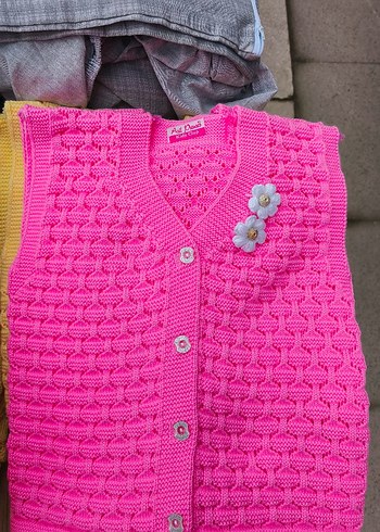 Renkli Nakışlı Mavi Kız Çocuk Triko Yelek - Görsel 3