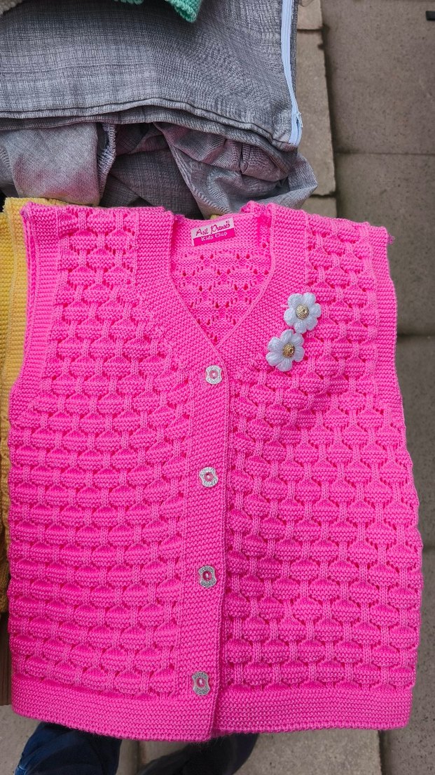 Renkli Nakışlı Mavi Kız Çocuk Triko Yelek - Görsel 3