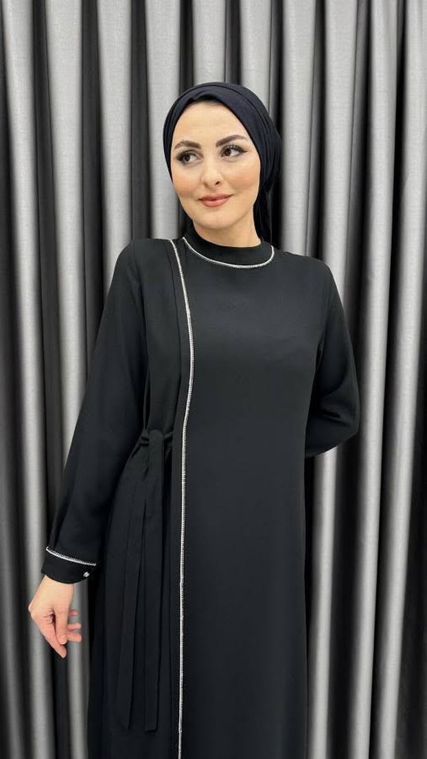 Siyah Nakışlı Uzun Kollu Kadın Elbise - Görsel 2