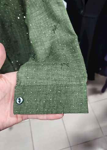 Kadın Haki Uzun Kollu Bol Kesim Keten Gömlek ve etekli takım - Görsel 4