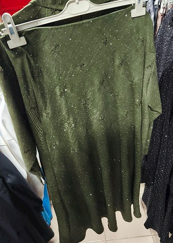 Kadın Haki Uzun Kollu Bol Kesim Keten Gömlek ve etekli takım - Görsel 2