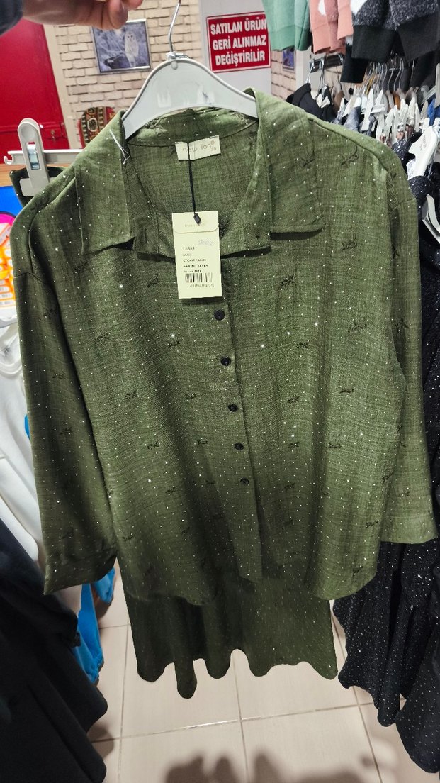 Kadın Haki Uzun Kollu Bol Kesim Keten Gömlek ve etekli takım - Görsel 3