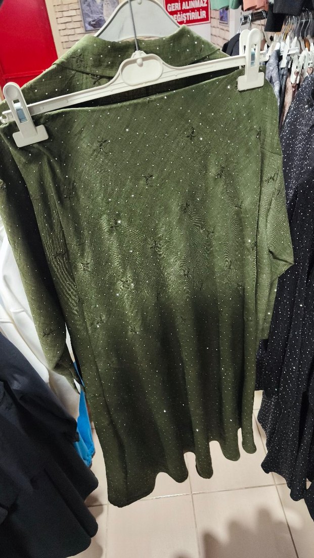 Kadın Haki Uzun Kollu Bol Kesim Keten Gömlek ve etekli takım - Görsel 2