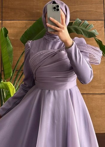 Uzun Mor Drapeli Abiye Elbise - Görsel 3