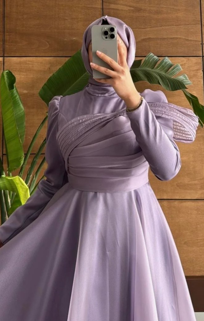 Uzun Mor Drapeli Abiye Elbise - Görsel 3