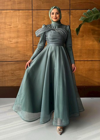 Uzun Kollu Gri Drapeli Abiye Elbise - Görsel 2