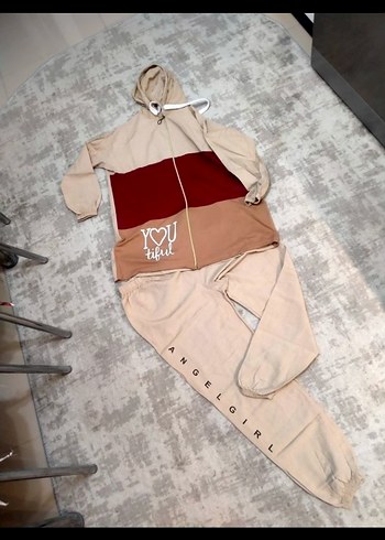 Kadın Bej Kapüşonlu Fermuarlı Eşofman Takımı - Görsel 2