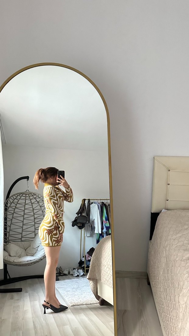 Sarı Zebra Desenli Kadın Midi Elbise - Görsel 2