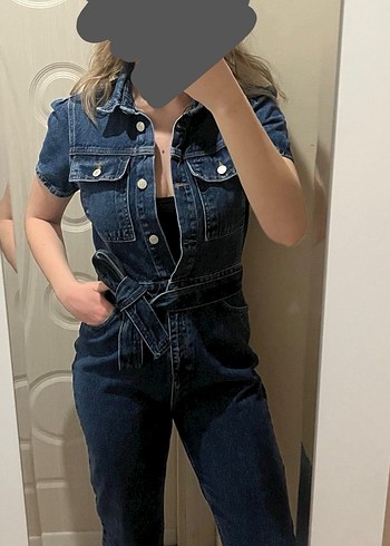 Milla mavi kemerli denim tulum - Görsel 3