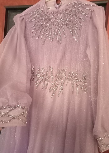 Uzun Kollu Mor İşlemeli Abiye Elbise - Görsel 3