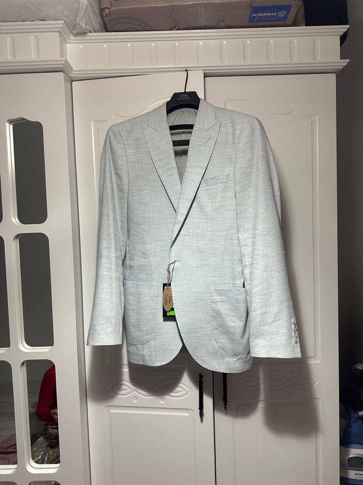 Erkek buz mavisi ham keten ceket - Görsel 2